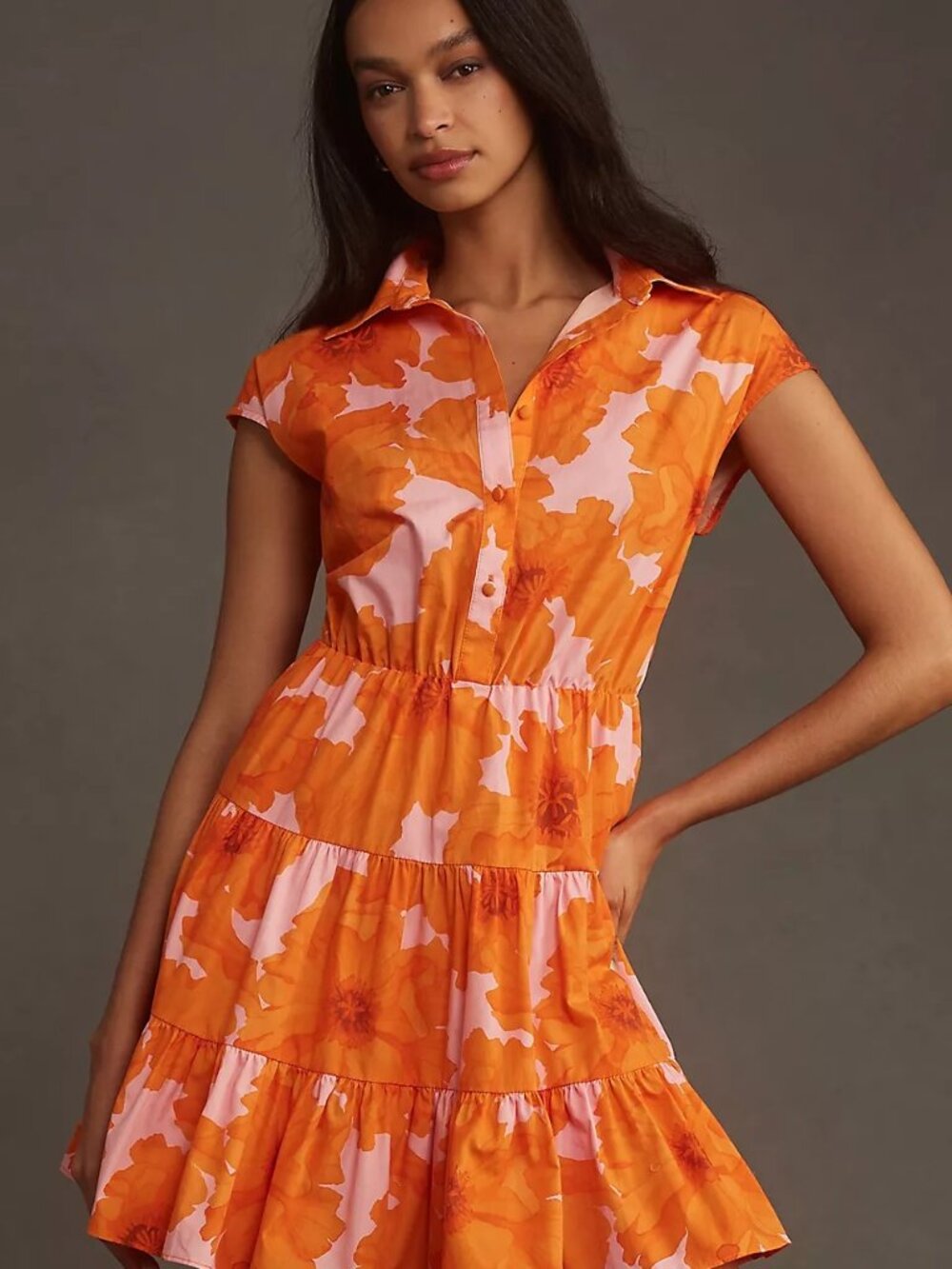Anthropologie Hutch Short-Sleeve Mini Shirt Dress Orange Floral Sz 2X Worn Once - Picture 2 of 11